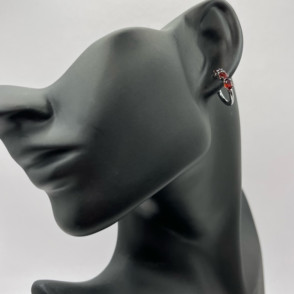 10k White Gold Genuine Garnet Hoop Earrings - Picture 3 of 6